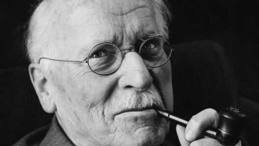 Retrato en blanco y negro de Carl Gustav Jung con gafas redondas, sosteniendo su pipa y mirando a cámara.