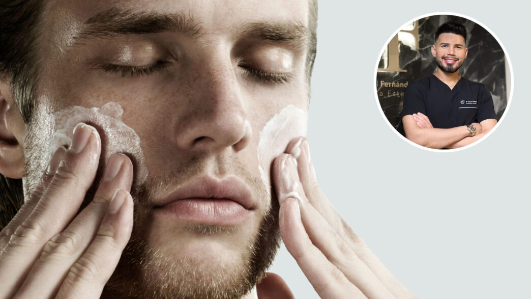 hombre poniéndose crema en la cara con médico en recuadro