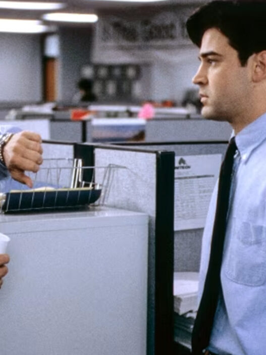 Gary Cole y Ron Livingston en una escena de la película de comedia de culto Trabajo basura (Office Space) de 1999
