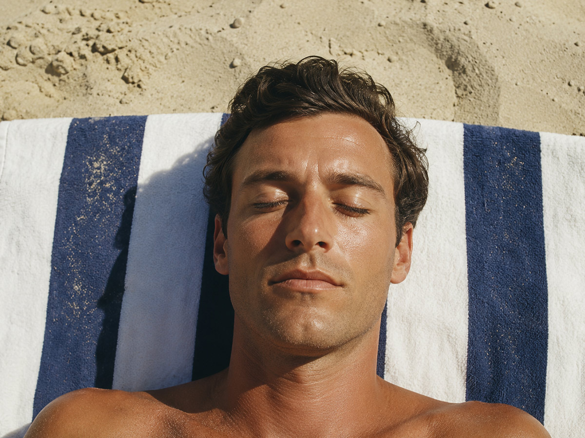 hombre tomando el sol en verano en la playa