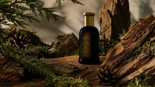 bodegón de un perfume amaderado en un bosque