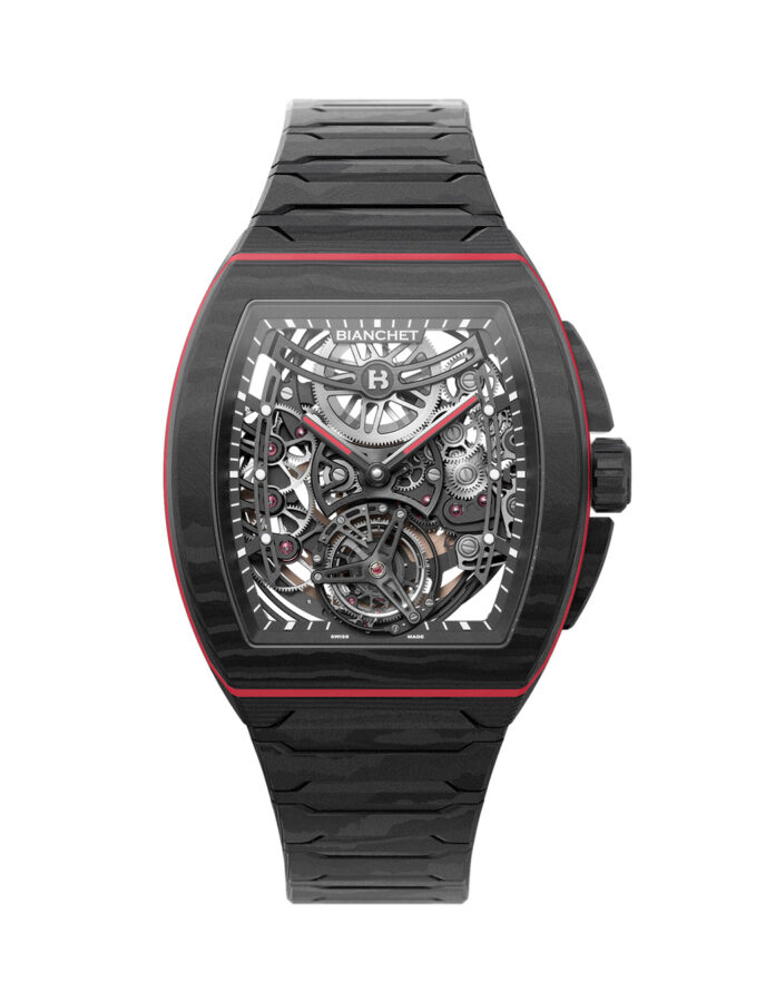 Reloj Bianchet UltraFino Tonneau de carbono negro con detalles en rojo y esfera esqueletada