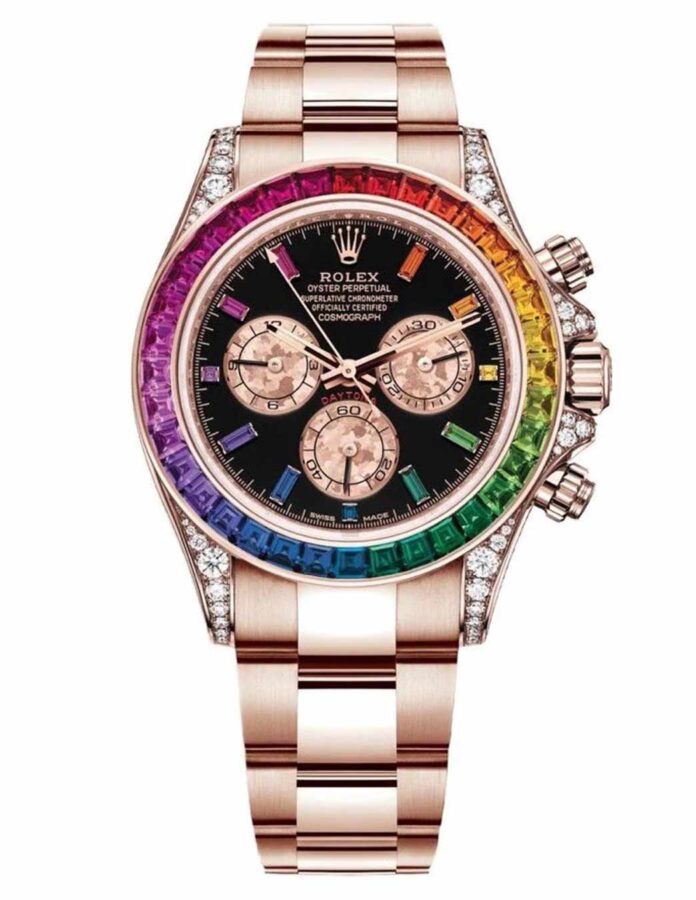 Rolex Cosmograph Daytona Rainbow en oro Everose con bisel de 36 zafiros talla baguette, el reloj de Carlos Alcaraz en la final del Mundial 2026