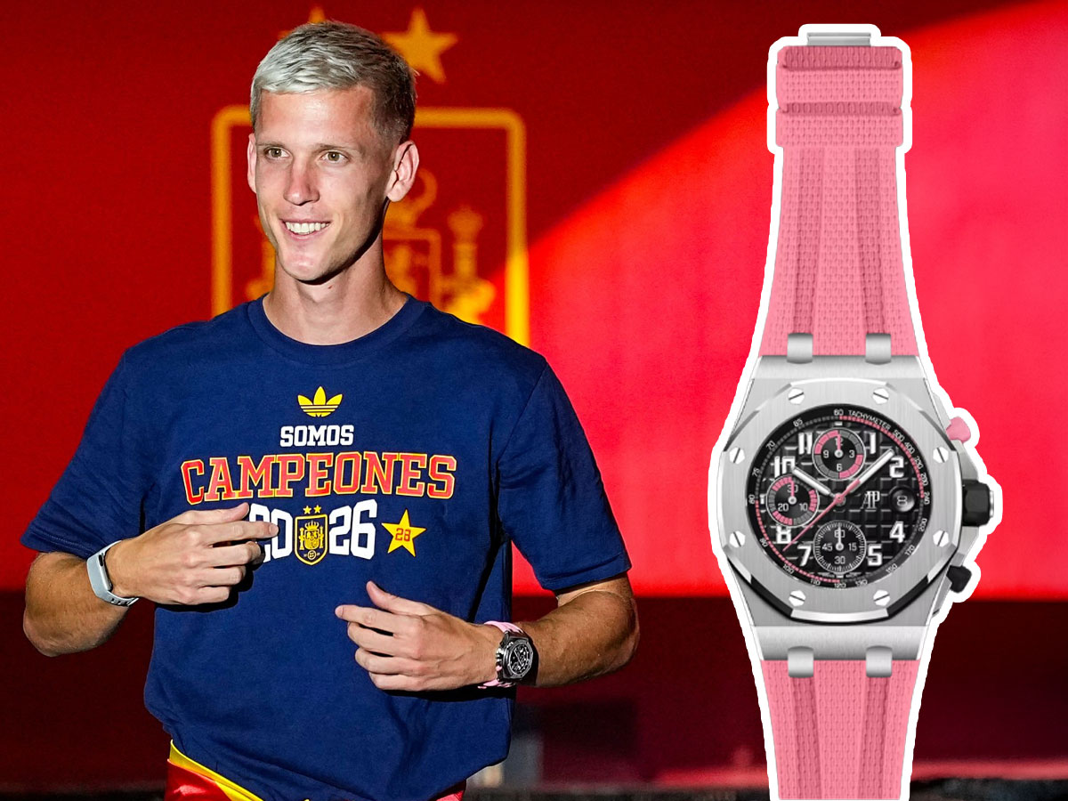 Montaje de Dani Olmo durante la celebración del Mundial 2026 junto al Audemars Piguet Royal Oak Offshore Chronograph con correa de caucho rosa que llevó en la muñeca.