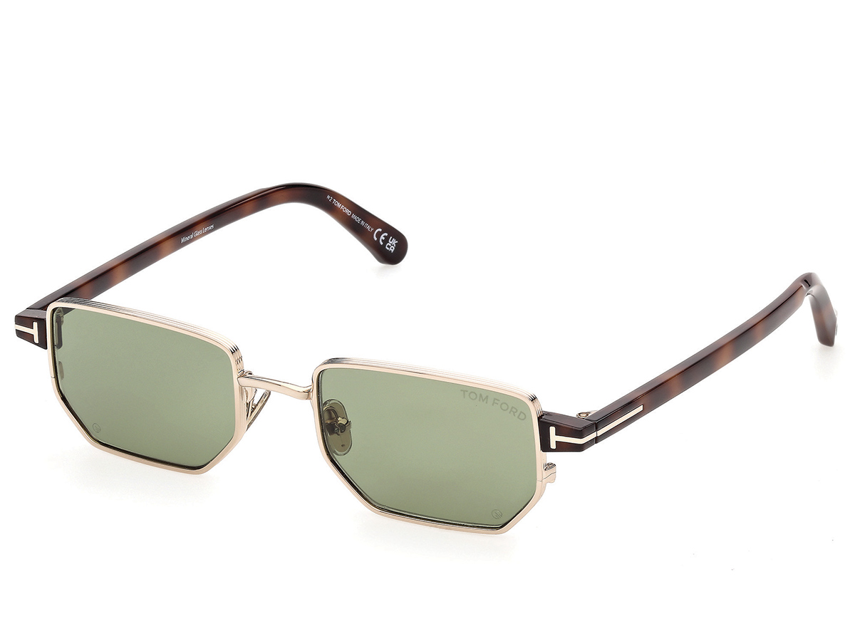 Gafas de sol Tom Ford FT1360 con montura dorada de metal, varillas de acetato habana y lentes verdes de cristal mineral
