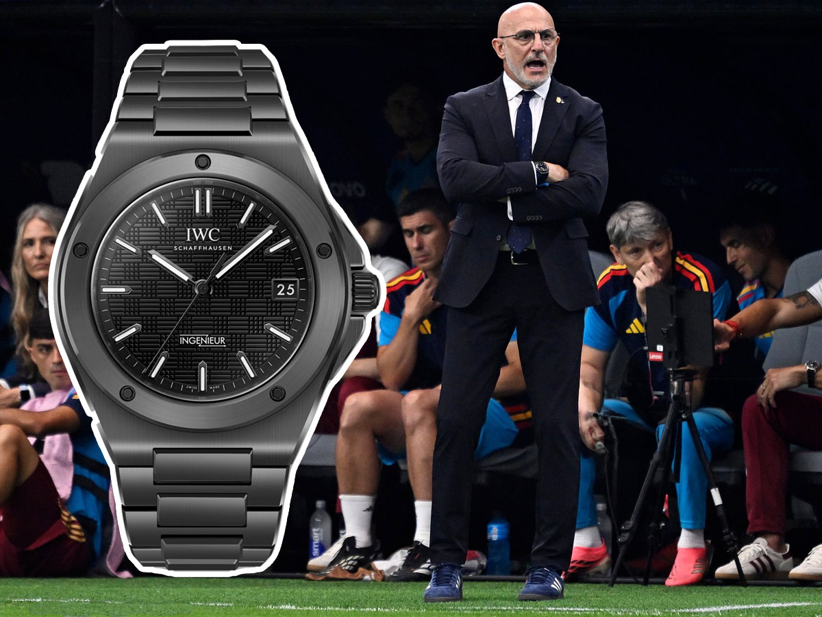 Luis de la Fuente en el banquillo de España durante la semifinal del Mundial 2026 junto a una imagen del reloj IWC Ingenieur Automatic 42 negro