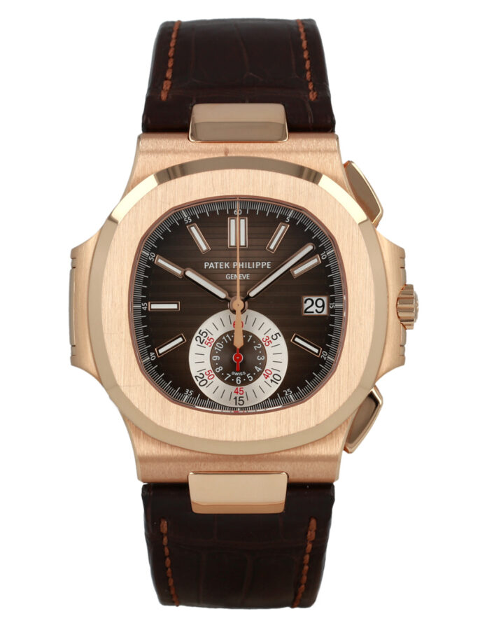 Patek Philippe Nautilus Cronógrafo 5980R con caja de oro rosa, esfera marrón oscuro y correa de piel de cocodrilo