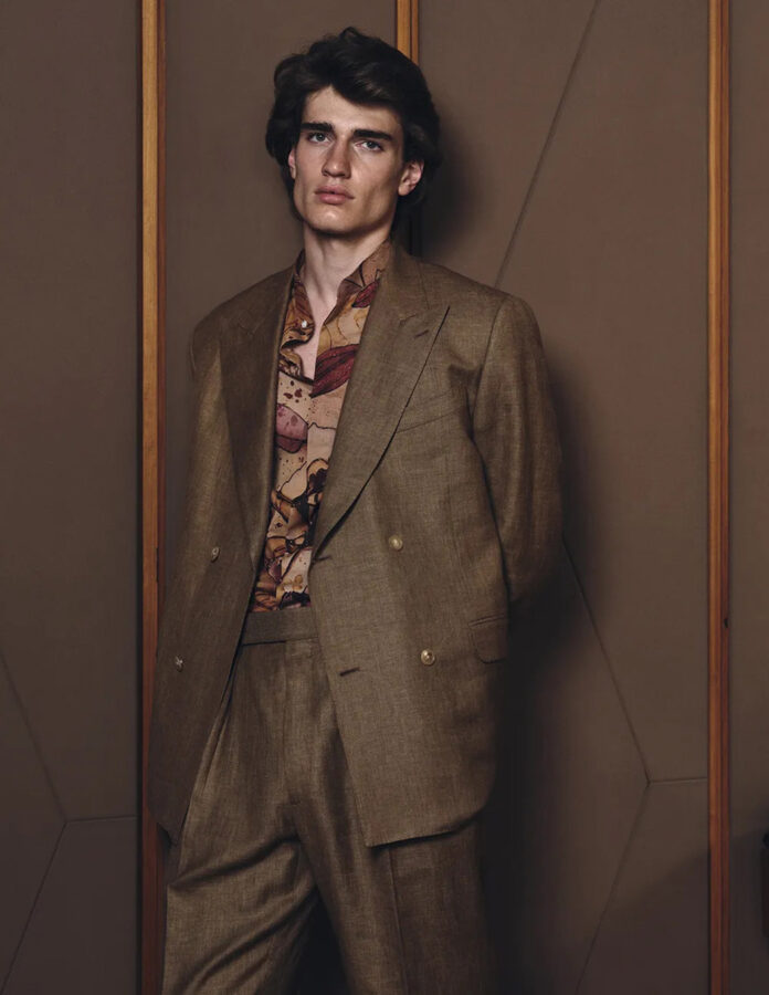 tendencias moda masculina primavera 2027 hombre vestido con traje marrón