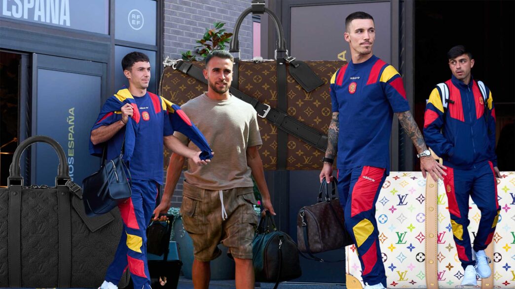 collage futbolistas selección española futbol mundial 2026 con bolsos de lujo