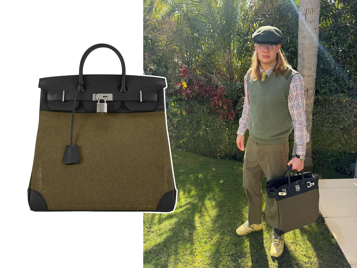 Erling Haaland con chaleco de punto y gorra plana posando con su bolso Hermès HAC 40 Toile de lona verdosa y piel negra
