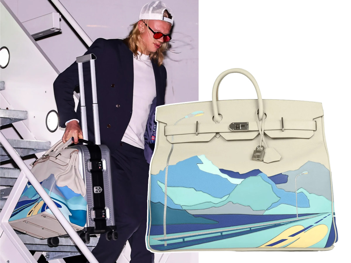 Erling Haaland bajando la escalerilla del avión con su bolso Hermès HAC 50 Endless Road en Gris Perle durante el Mundial 2026