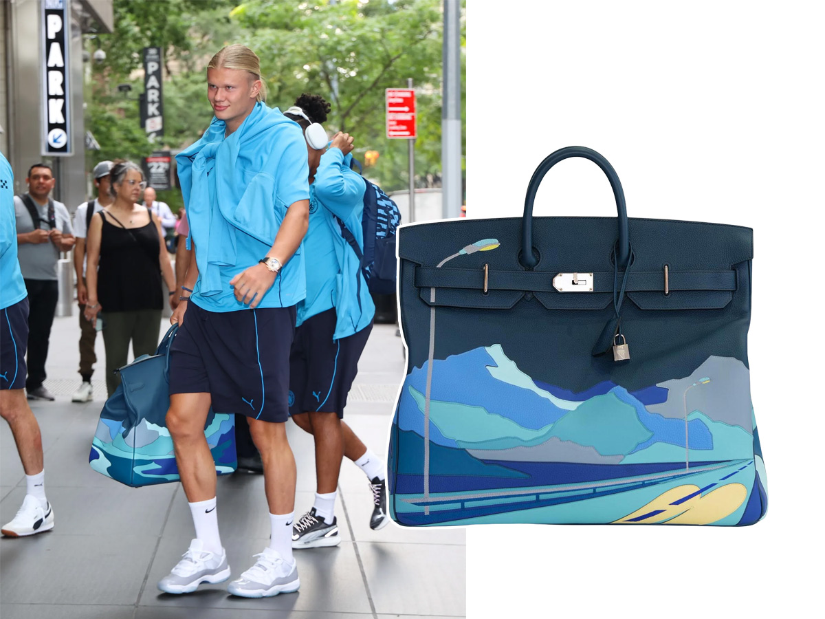 Erling Haaland caminando por Nueva York con la equipación del Manchester City y su bolso Hermès HAC Birkin 50 Endless Road en Bleu de Prusse
