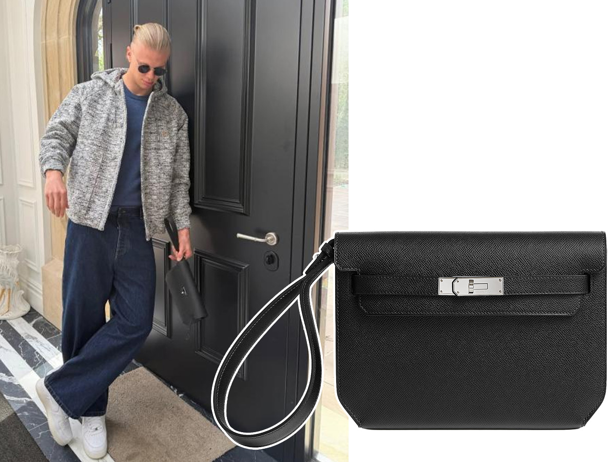 Erling Haaland saliendo de casa con vaqueros anchos y su Kelly Dépêches 25 pouch negro de Hermès colgado de la muñeca.