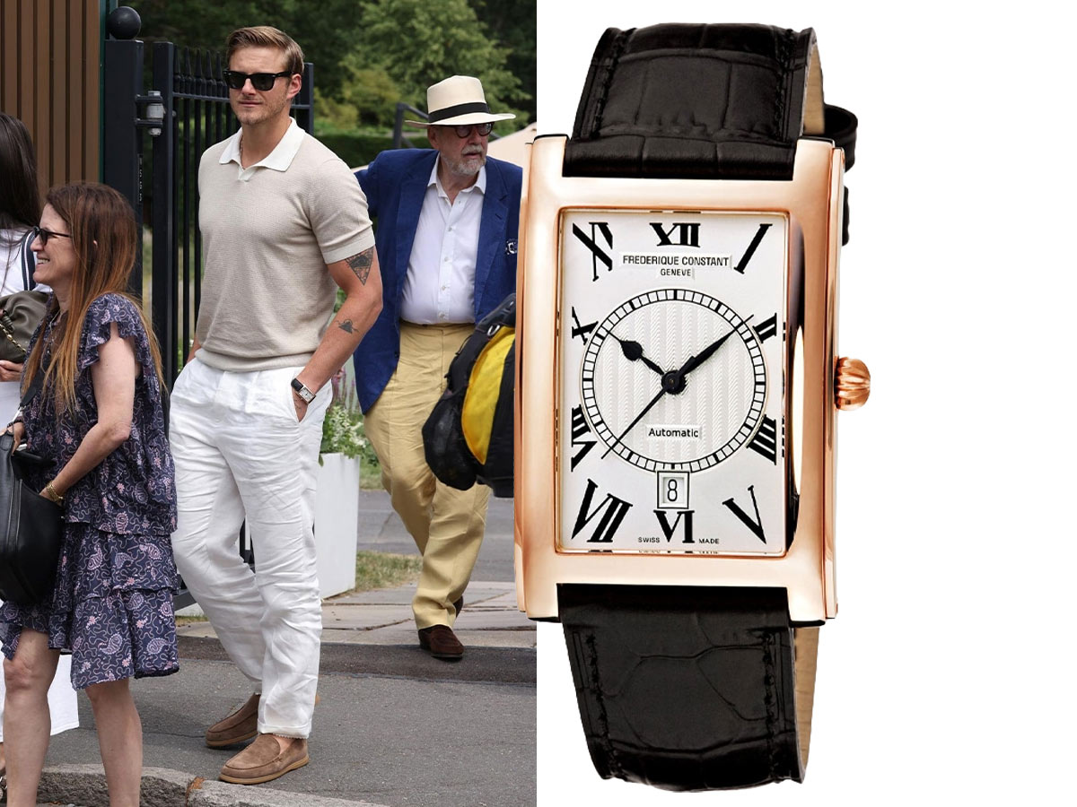 Alexander Ludwig llega a Wimbledon 2026 con polo beige y pantalón blanco junto al reloj Frédérique Constant Classics Carrée en oro rosa