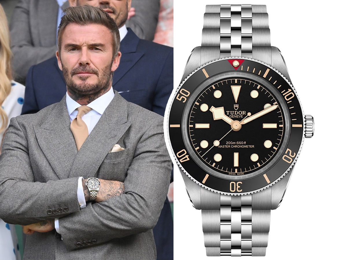 David Beckham en Wimbledon 2026 con traje gris y corbata beige junto al reloj Tudor Black Bay 58 de acero con esfera negra