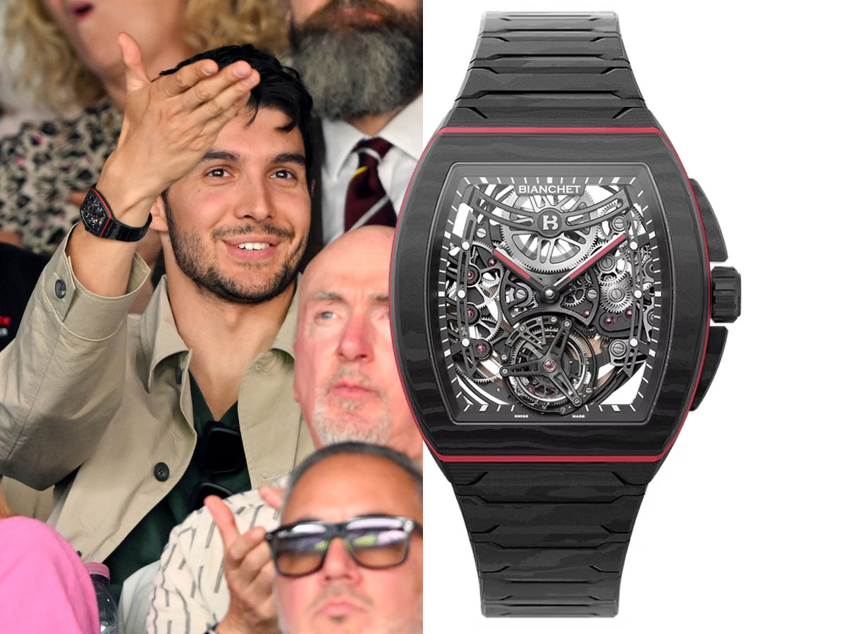 El piloto de Fórmula 1 Esteban Ocon aplaude en la grada de Wimbledon 2026 junto al reloj Bianchet UltraFino Carbon esqueletado
