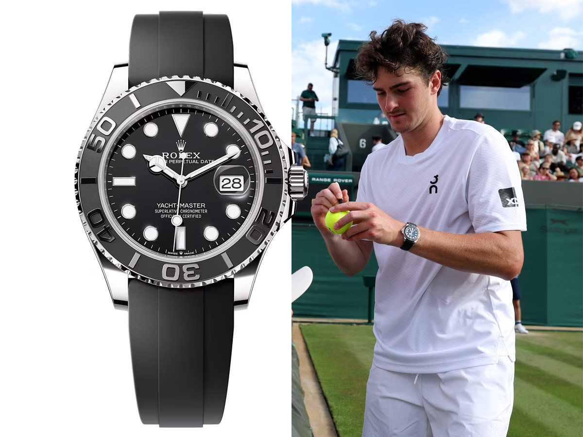 El tenista João Fonseca firma pelotas en Wimbledon 2026 con el reloj Rolex Yacht-Master 42 de oro blanco y esfera negra