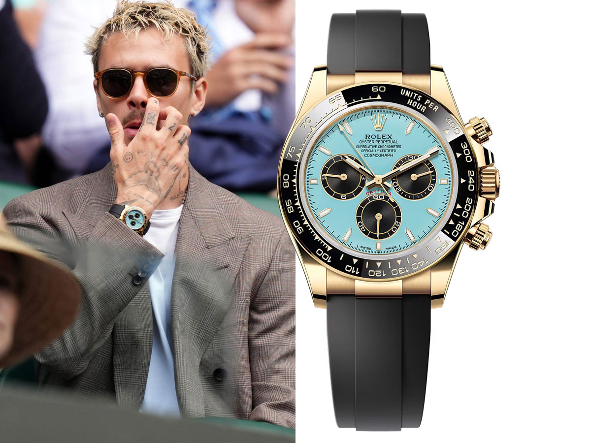 Romeo Beckham con blazer príncipe de Gales en Wimbledon 2026 junto al Rolex Cosmograph Daytona de oro amarillo con esfera turquesa