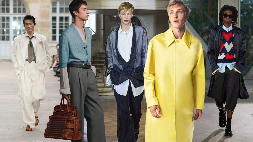 Collage tendencias moda masculina primavera 2027 vistas en París.