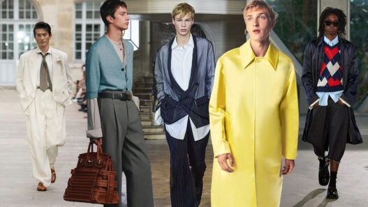 Collage tendencias moda masculina primavera 2027 vistas en París.
