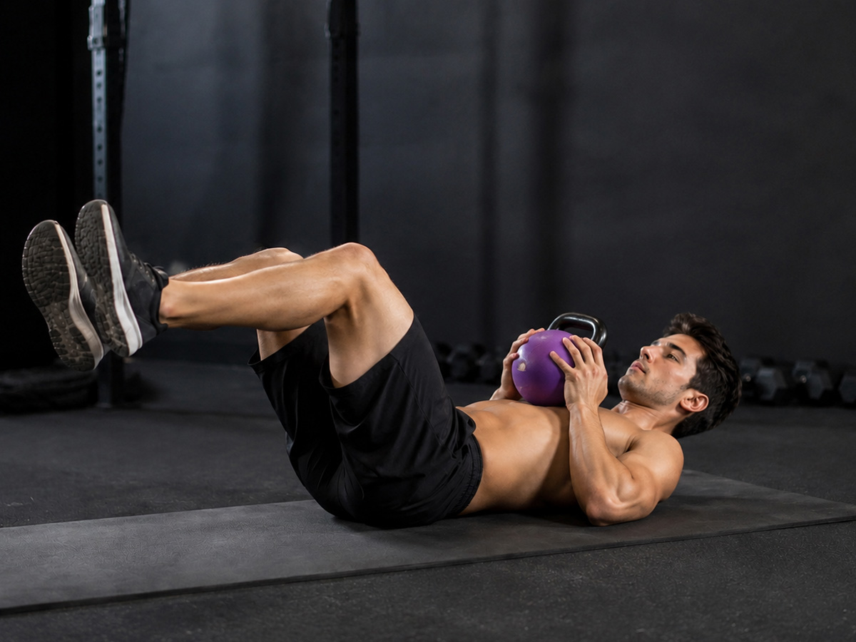 Posición inicial del dead bug con kettlebell: tumbado boca arriba con las piernas elevadas