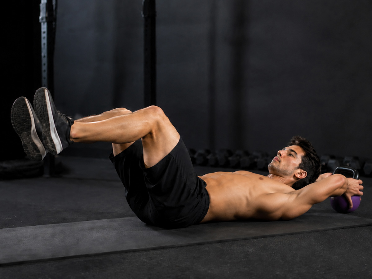 Segundo paso del dead bug: llevar la kettlebell por detrás de la cabeza con las piernas en tensión