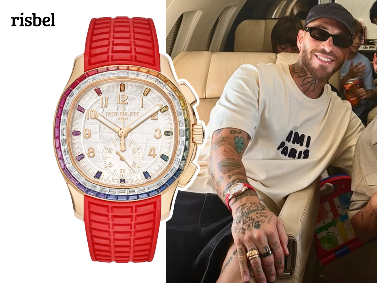 Sergio Ramos sonríe a bordo de su avión privado con el Patek Philippe Aquanaut Luce Rainbow de bisel arcoíris y correa de caucho roja