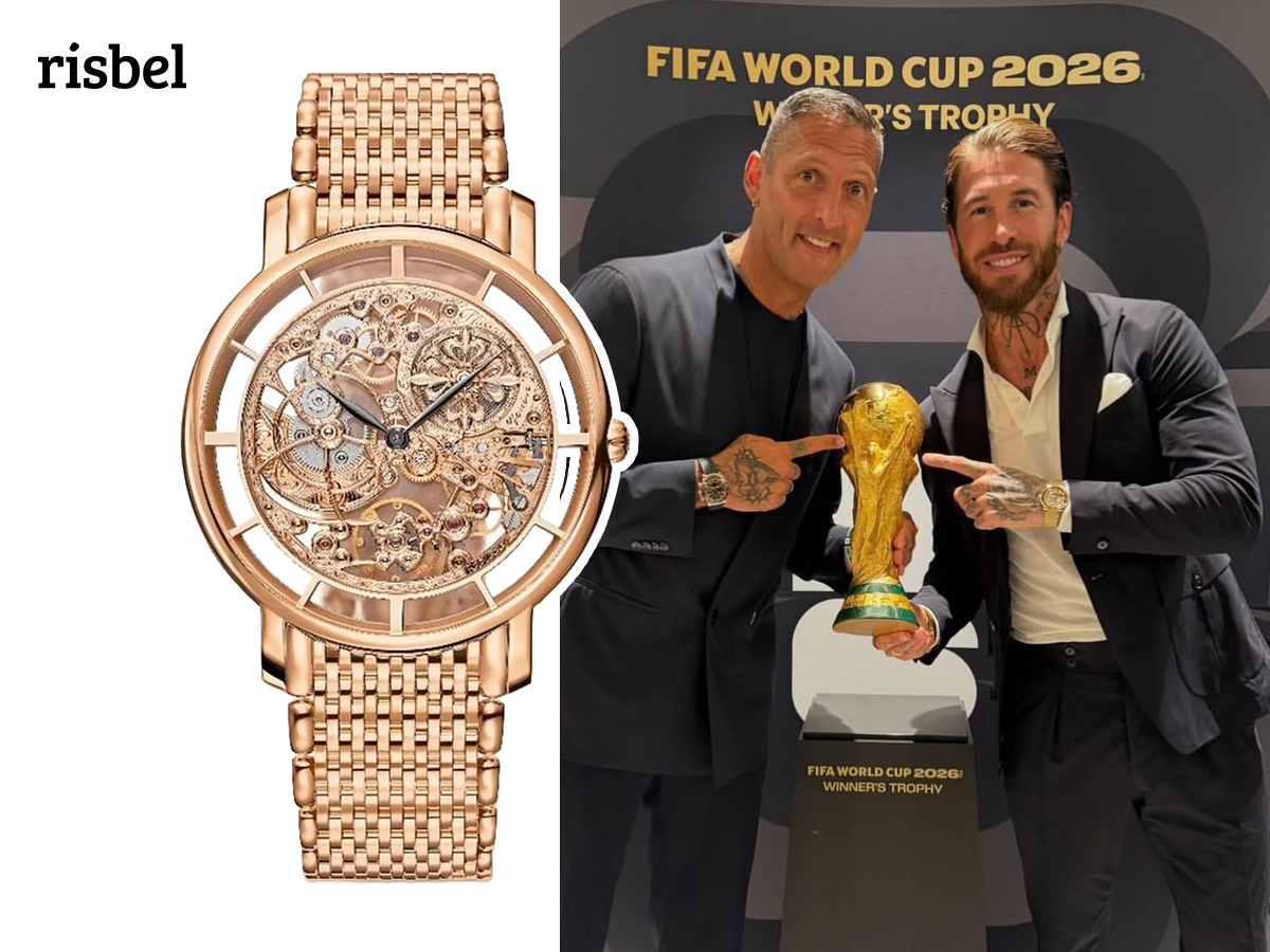 Sergio Ramos posa junto al trofeo del Mundial 2026 con Marco Materazzi luciendo el Patek Philippe Calatrava Skeleton en oro rosa