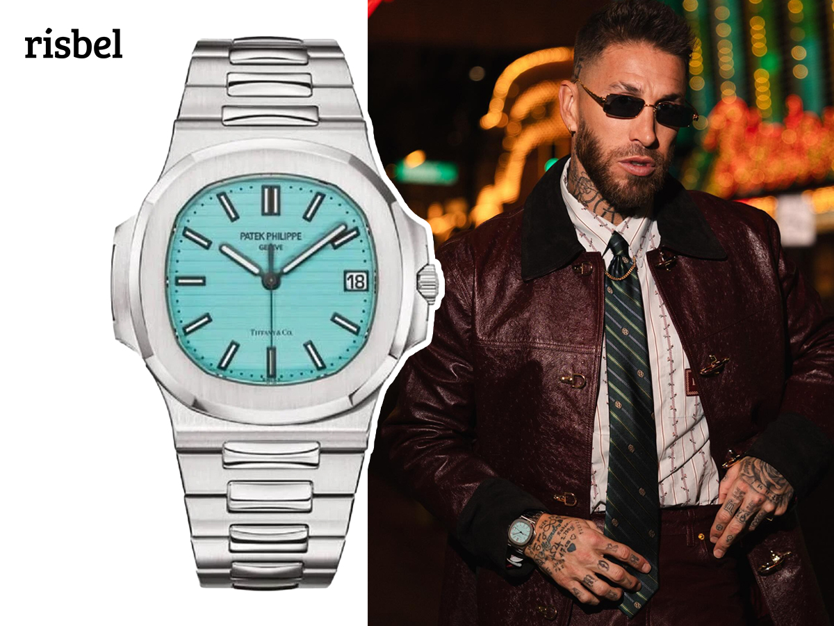 Sergio Ramos pasea de noche por Las Vegas con chaqueta burdeos y el Patek Philippe Nautilus Tiffany de esfera azul y acero