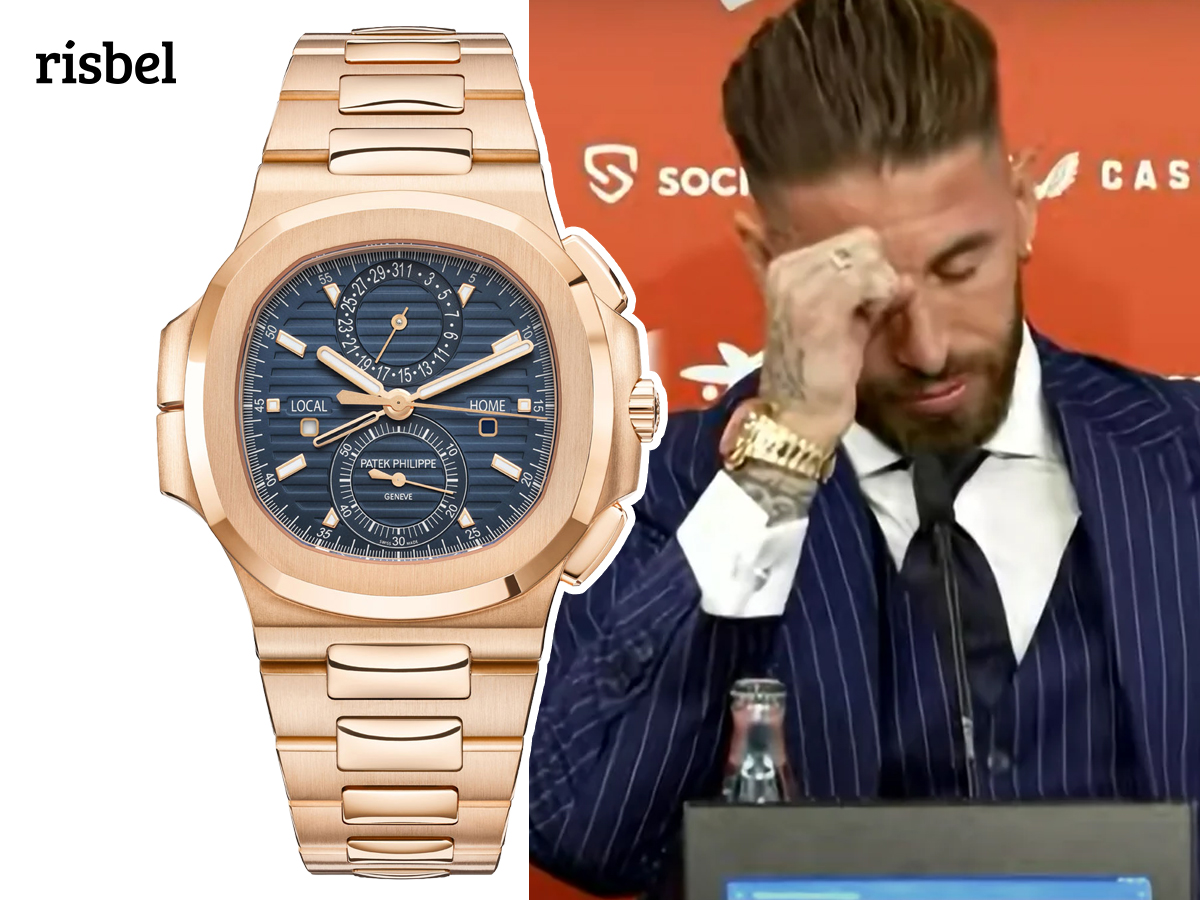 Sergio Ramos saluda a la afición del Sánchez-Pizjuán en su presentación con el Sevilla luciendo el Patek Philippe Nautilus Travel Time de oro rosa