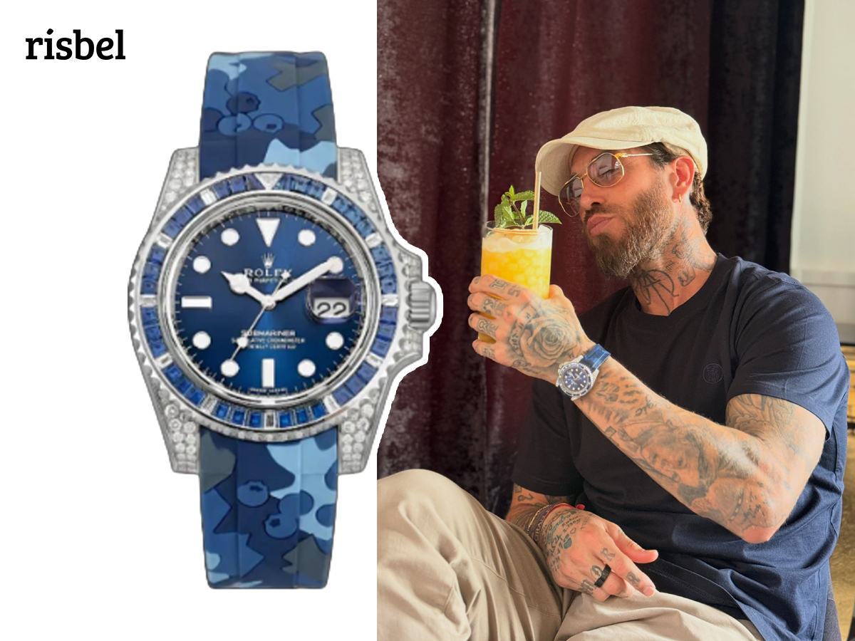 Sergio Ramos disfruta de un cóctel con su Rolex Submariner Date de oro blanco con bisel de zafiros y correa de caucho camuflaje azul