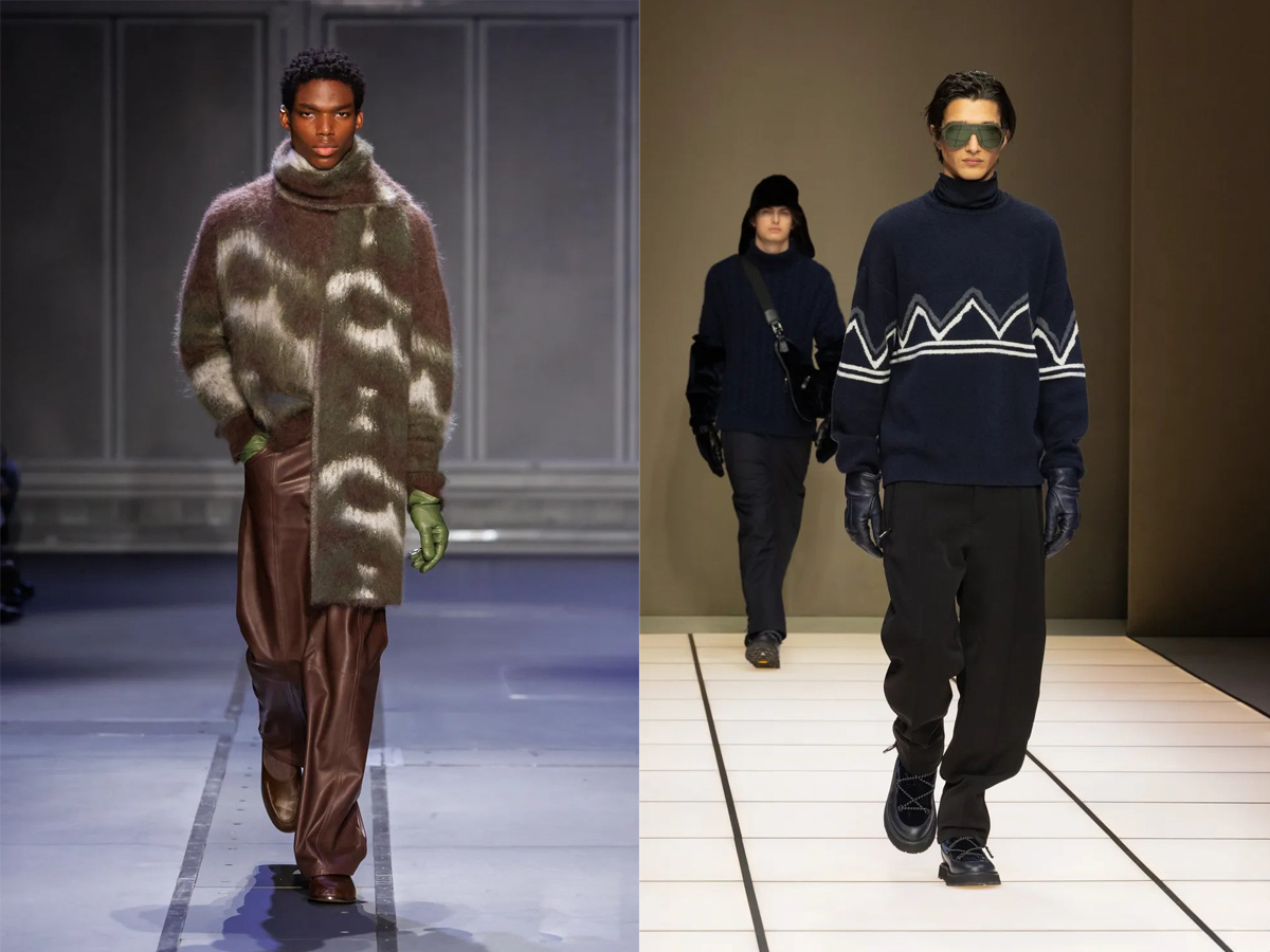 Modelos con guantes de piel y jerséis de lana oversize en los desfiles de Études Studio y Giorgio Armani otoño-invierno 2026-2027