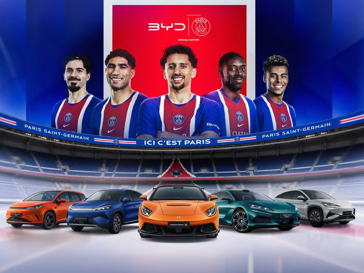Vitinha, Achraf Hakimi, Marquinhos, Ousmane Dembélé y Désiré Doué con BYD