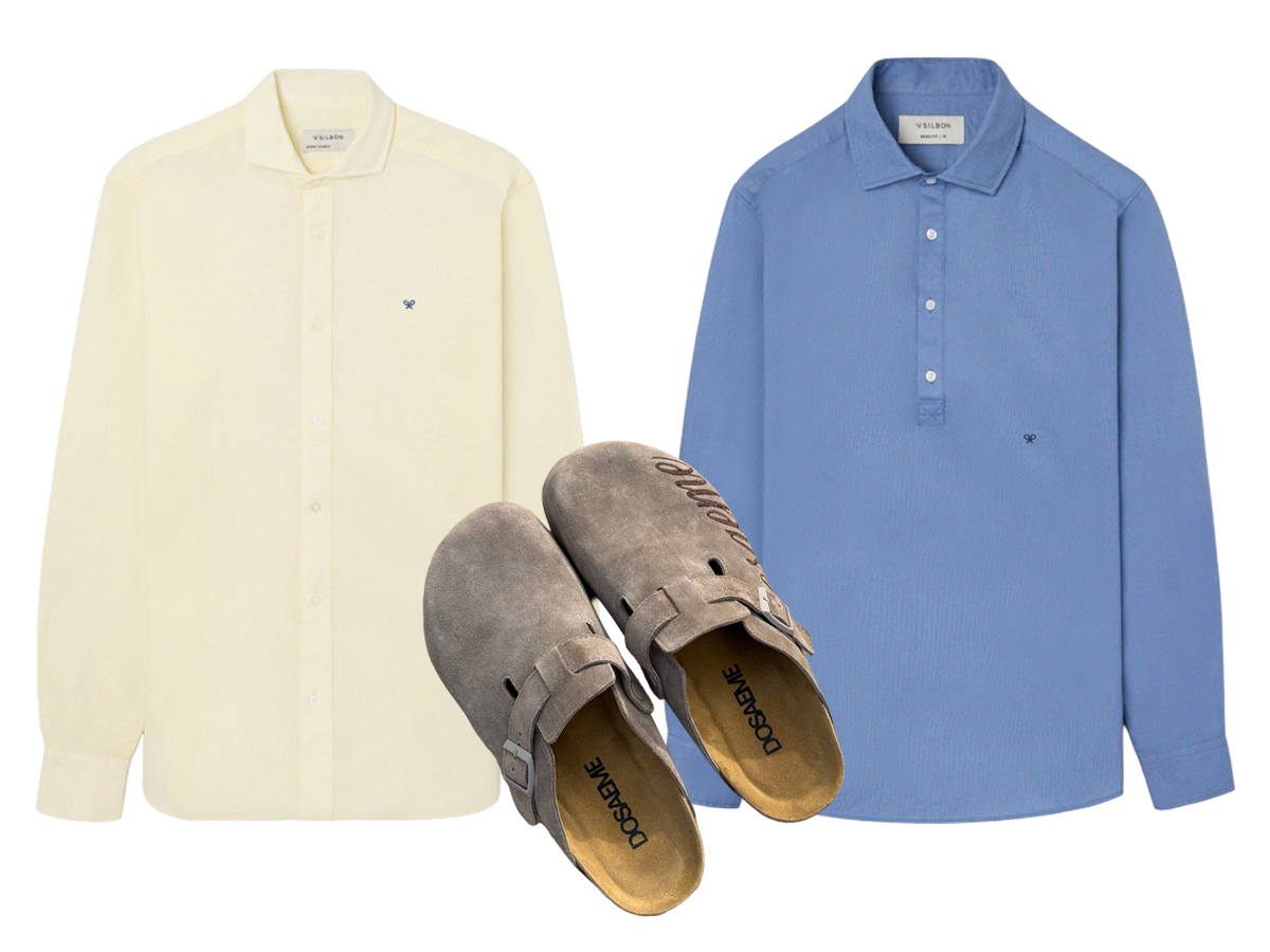 Camisa amarilla y polera azul de Silbon junto a los zuecos de ante de Dosaeme, las marcas españolas favoritas de Carlos Espí