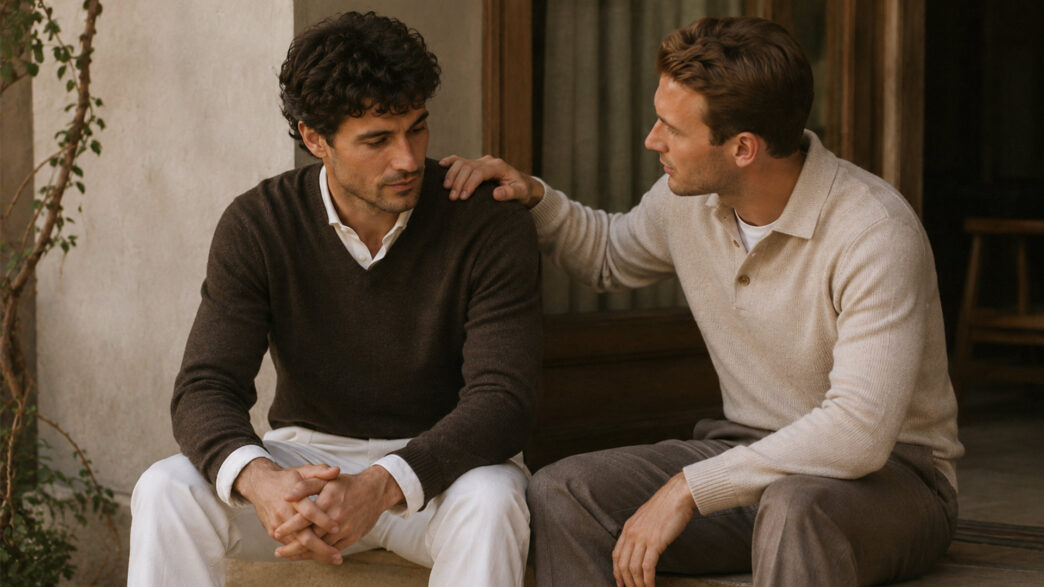 Un hombre escucha con empatía a su amigo y le apoya la mano en el hombro durante una conversación