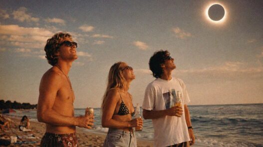 tres chicos contemplando el eclipse con gafas de sol y una cervza en la mano