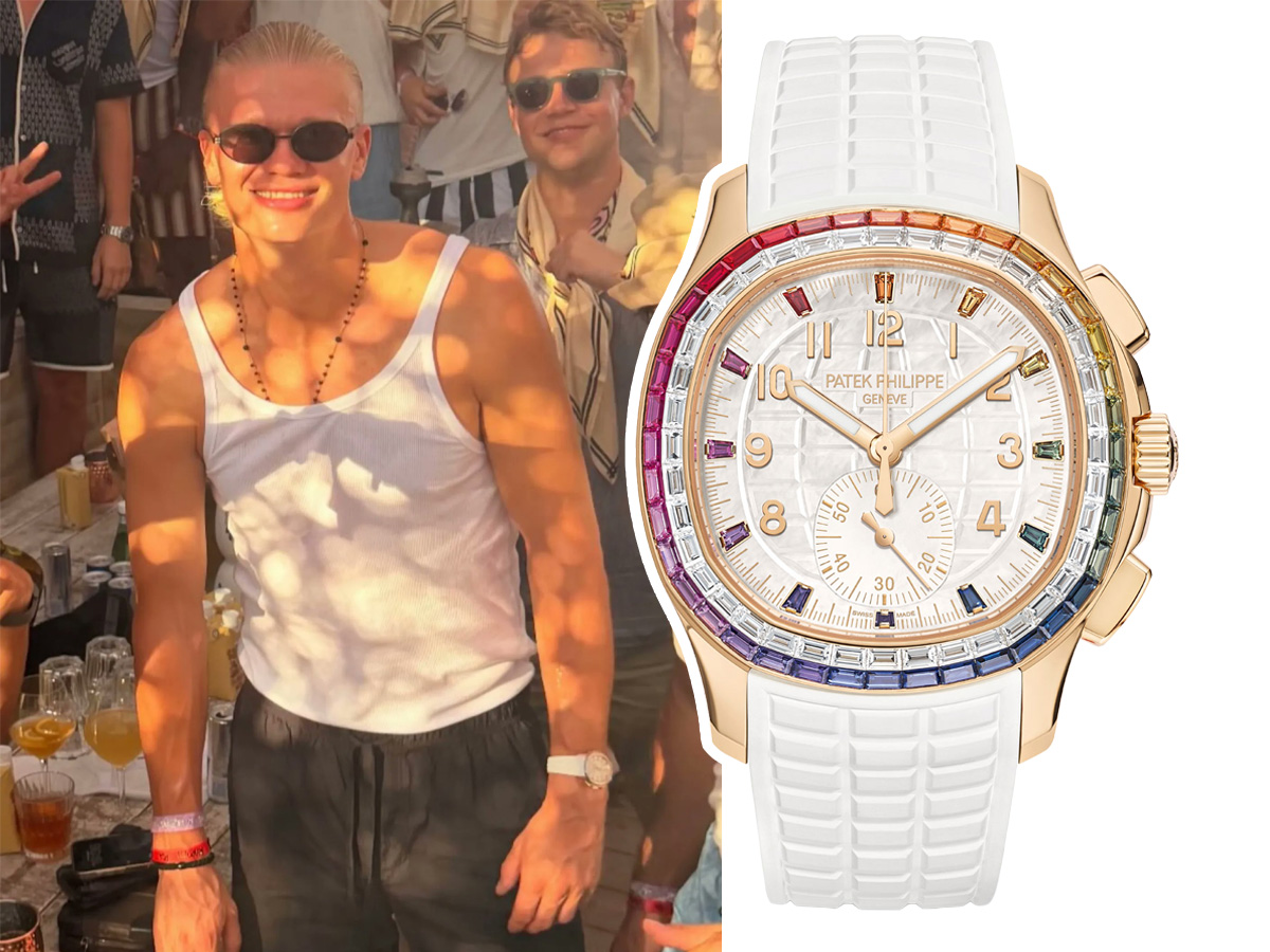 Erling Haaland con camiseta de tirantes blanca luce el Patek Philippe Aquanaut Luce Rainbow Chronograph de oro rosa durante una fiesta en sus vacaciones de verano