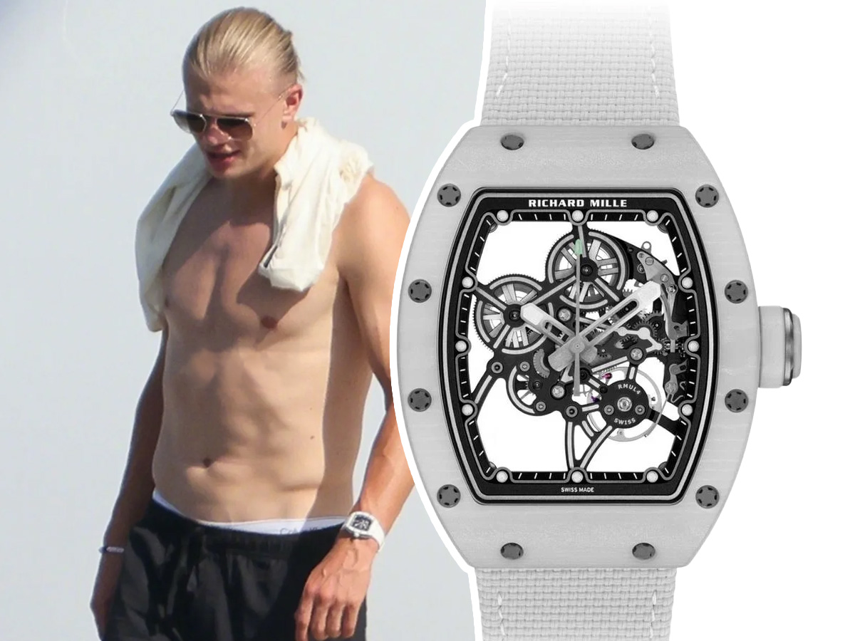 Erling Haaland en bañador con toalla al hombro lleva el Richard Mille RM 55-01 de Quartz TPT blanco en la muñeca