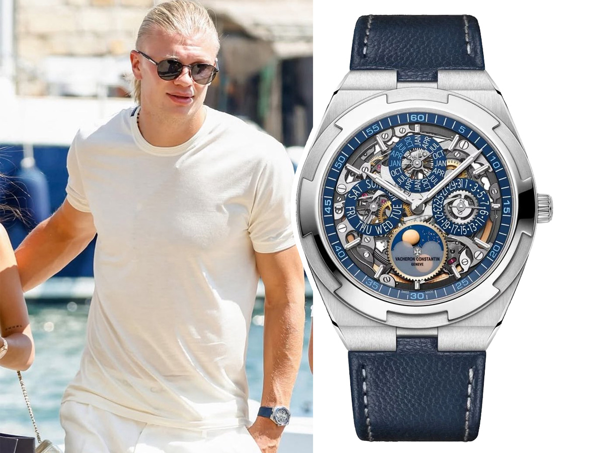 Erling Haaland pasea por el puerto de Saint-Tropez con el Vacheron Constantin Overseas Perpetual Calendar Skeleton con bisel de zafiros azules