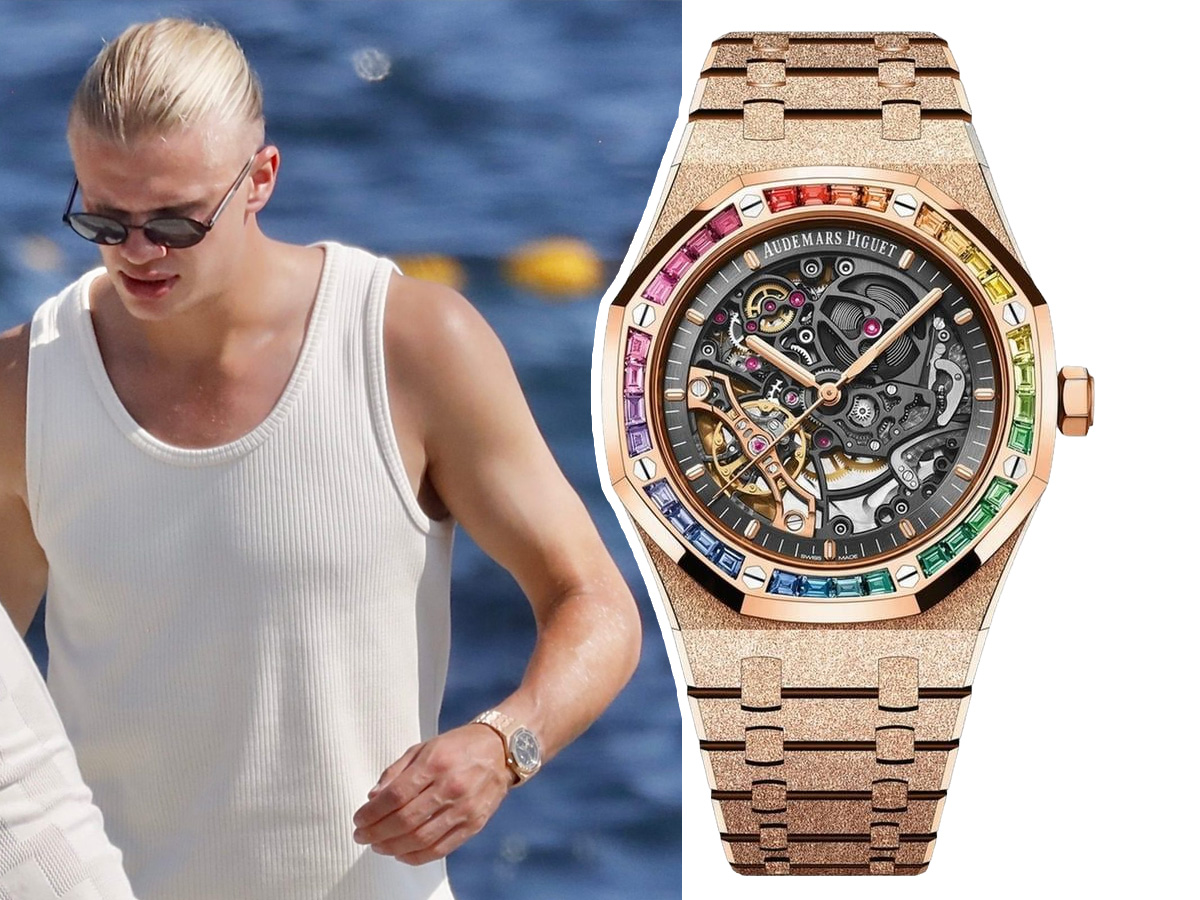 Erling Haaland a pie de mar con el Audemars Piguet Royal Oak Rainbow de oro rosa escarchado y esfera esqueletada en la muñeca