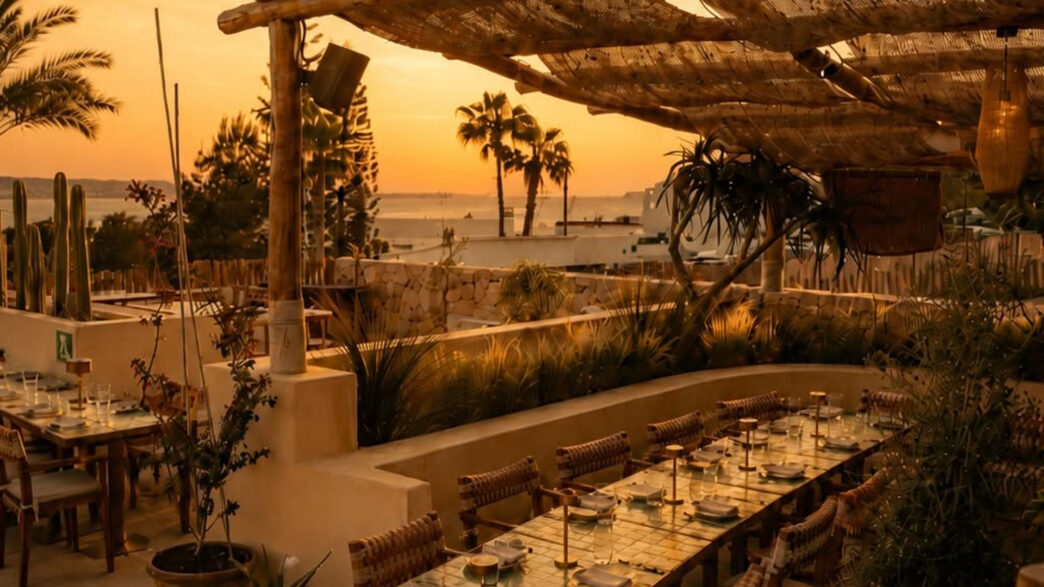 Terraza del restaurante Madunia en Ibiza al atardecer, con mesas bajo pérgola de madera y vistas al mar