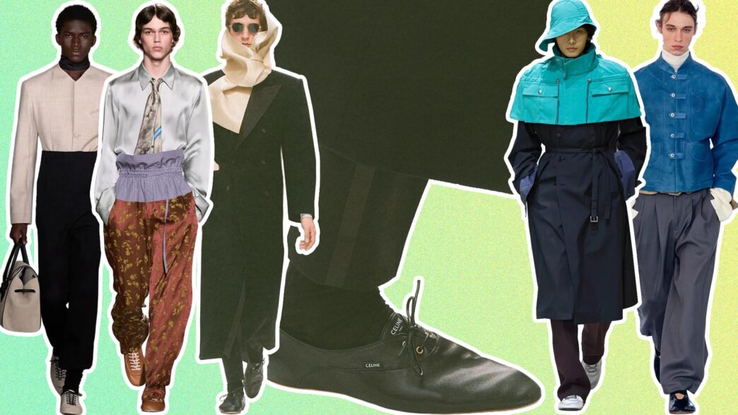 Modelos en los desfiles de Celine, Jacquemus, Dries Van Noten, Prada, Pronounce y Central Saint Martins con sneakerinas, la tendencia de calzado masculino para otoño 2026