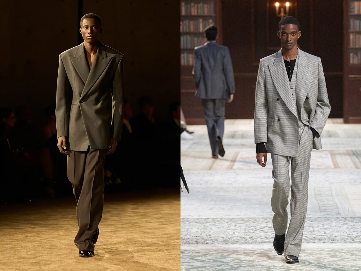Modelos con traje gris de solapas anchas en los desfiles de Saint Laurent y Amiri otoño-invierno 2026-2027