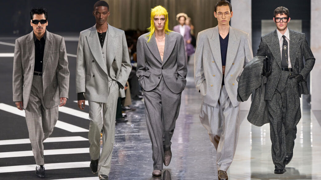 collage modelos vestidos con traje gris en desfiles otoño 2026