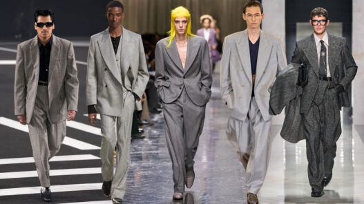 collage modelos vestidos con traje gris en desfiles otoño 2026