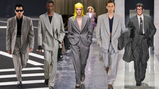collage modelos vestidos con traje gris en desfiles otoño 2026