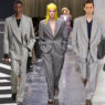 collage modelos vestidos con traje gris en desfiles otoño 2026