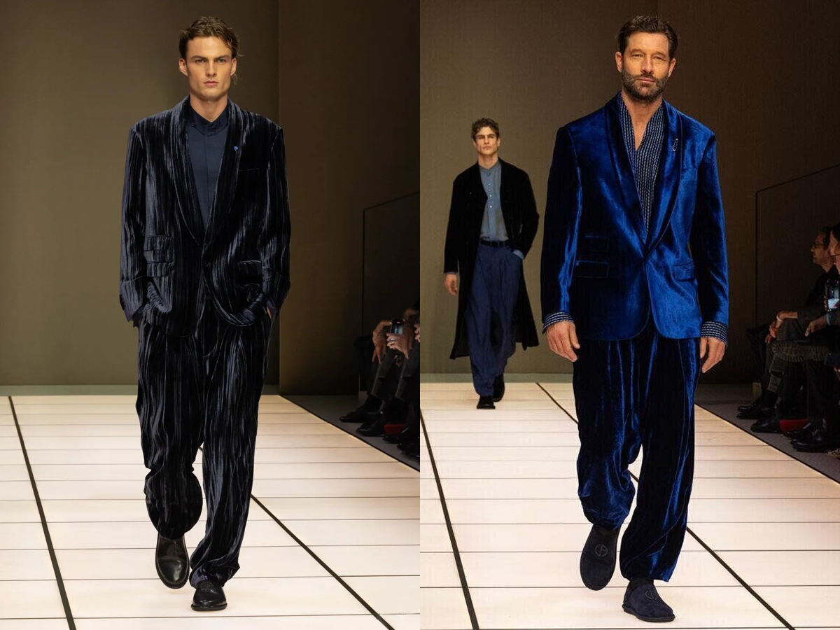 modelos desfilando con trajes de terciopelo desfile Giorgio Armani