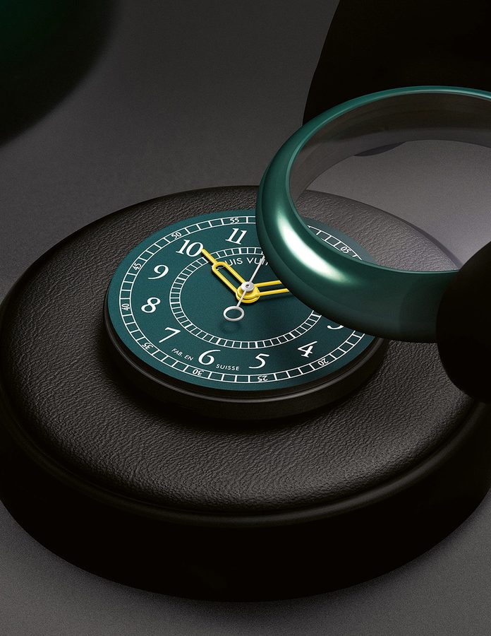 esfera verde del nuevo reloj Monterey Ceramic de Louis Vuitton.