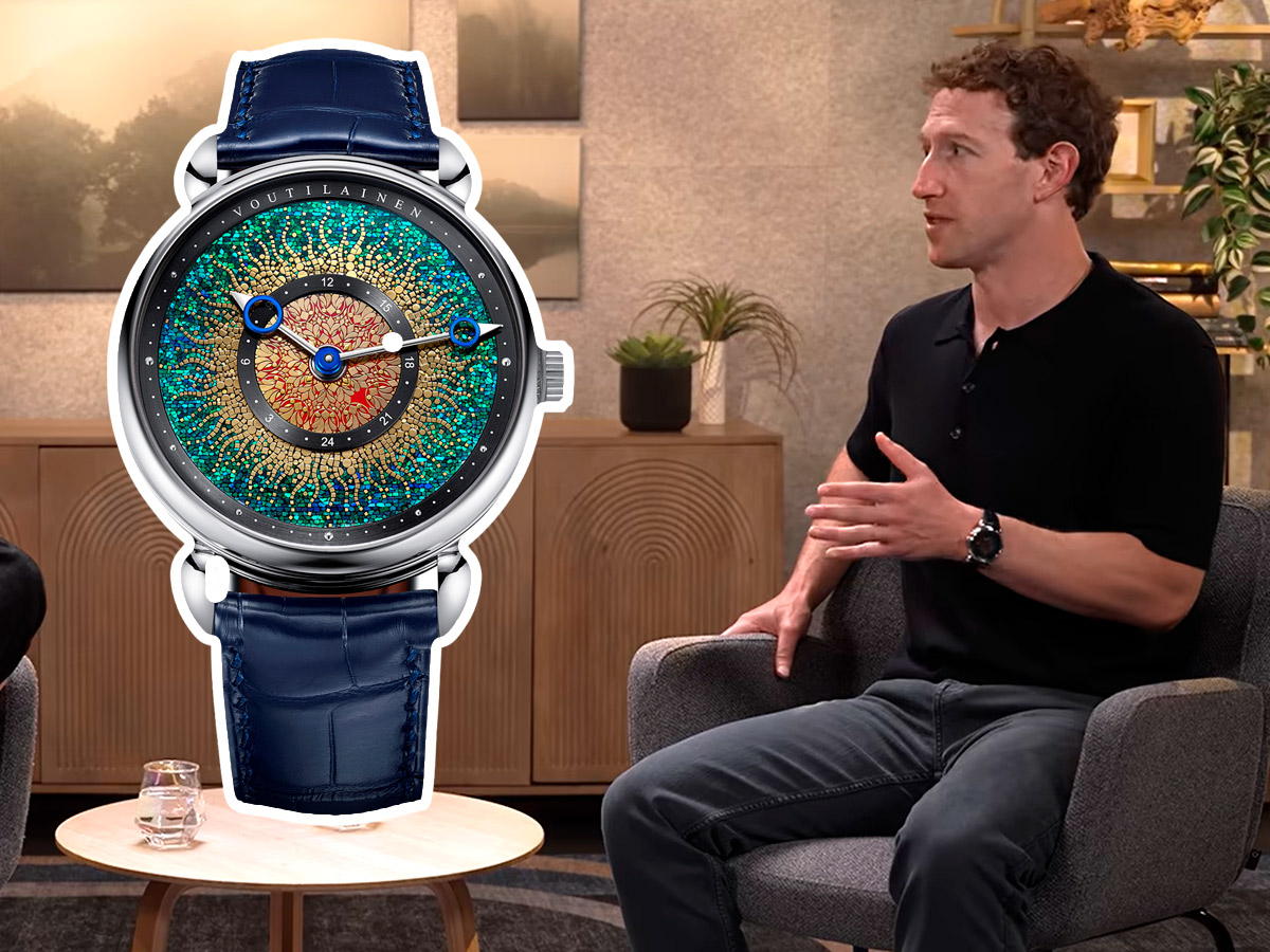 Fotomontaje de Mark Zuckerberg durante su entrevista y del reloj Voutilainen 28GML SOUYOU con esfera multicolor.
